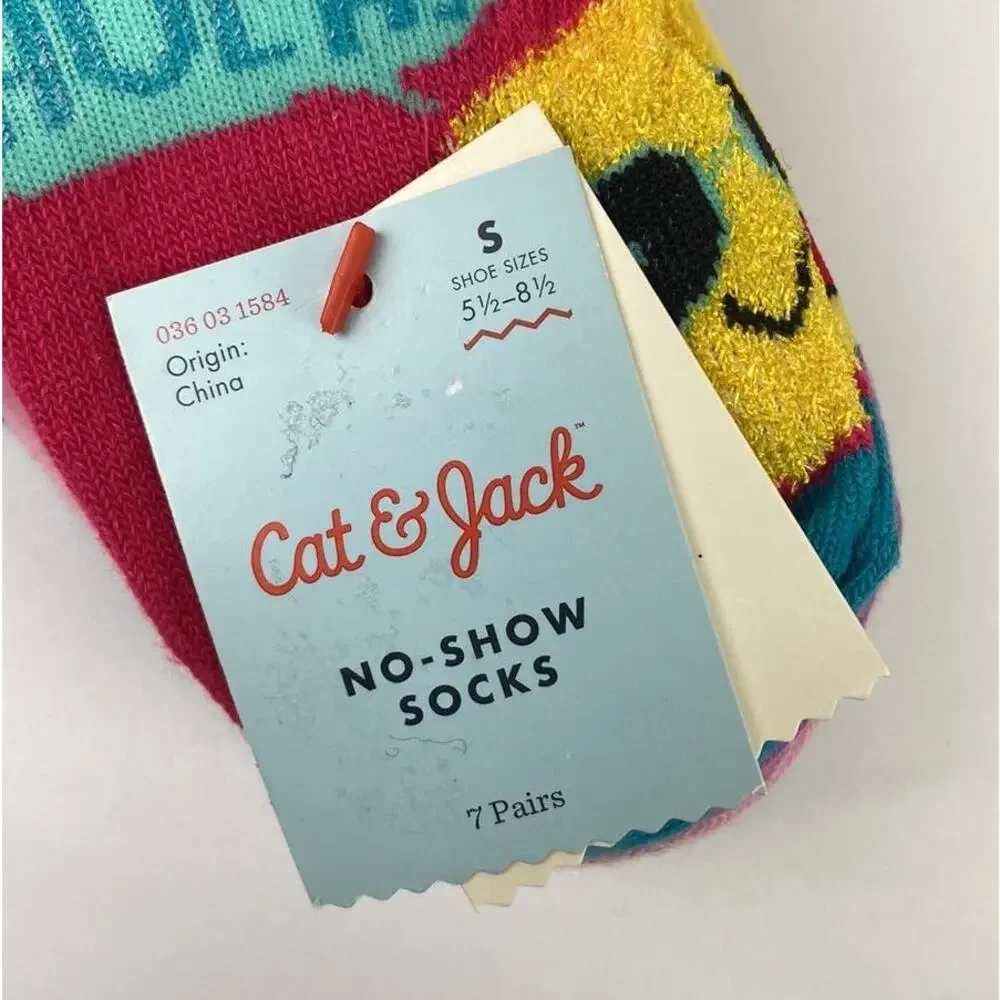 Cat & Jack Girl's 7 Pack No Show Emoji Socks Sizes S 5 1/2- 8 1/2 shoe size Todd
